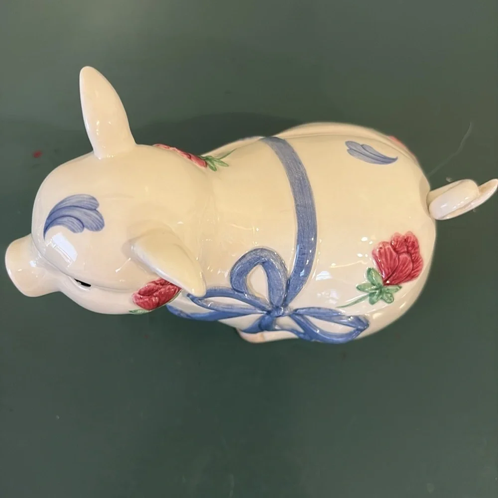 Lenox ‘Poppies On Blue’ Barnyard Pig Lidded Sugar Bowl w/Curly Tail Spoon.